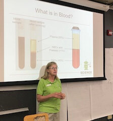 Scientist standing in front of a slide projecting test tubes with the title "What is in Blood?"