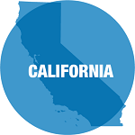 Silhouette map of California with a blue circle over it and the title California in white.