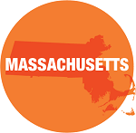 Silhouette map of Massachusetts with a orange circle over it and the title Massachusetts in white.