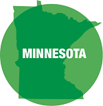 Silhouette map of Minnesota with a green circle over it and the title Minnesota in white.