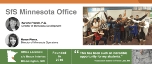Graphic for the MN office, showing site leaders, location, founding year, quote from a classroom teacher and a picture of student and instructors dabbing.