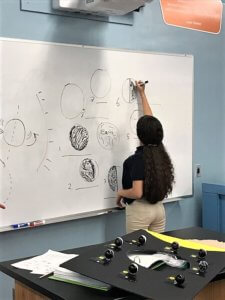 Student drawing moon phases on a whiteboard.