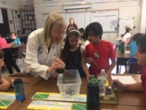 An Instructor working with students adding to a clear plastic container.