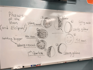 White board showing the phases of the moon.