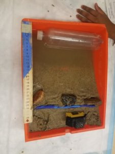 A model beach is shown in a paint tray with a lego house and erosion barrier.