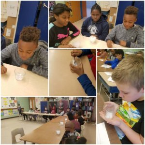 Students observe dry ice in a collage of pictures.