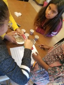 Students use a magnet to separte a mixture of sand, rice and iron fillings.