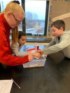 Students work with a model oil spill to clean it up.