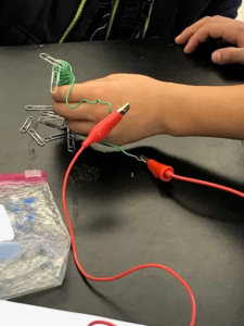An electromagnet is used to pick up paperclips.