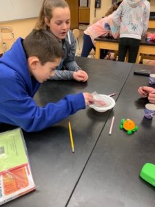Students work to separate a mixture of iron, rice and sand.