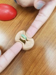A student models tectonic plates with tiles and silly putty, using their fingers to press the silly putty together.